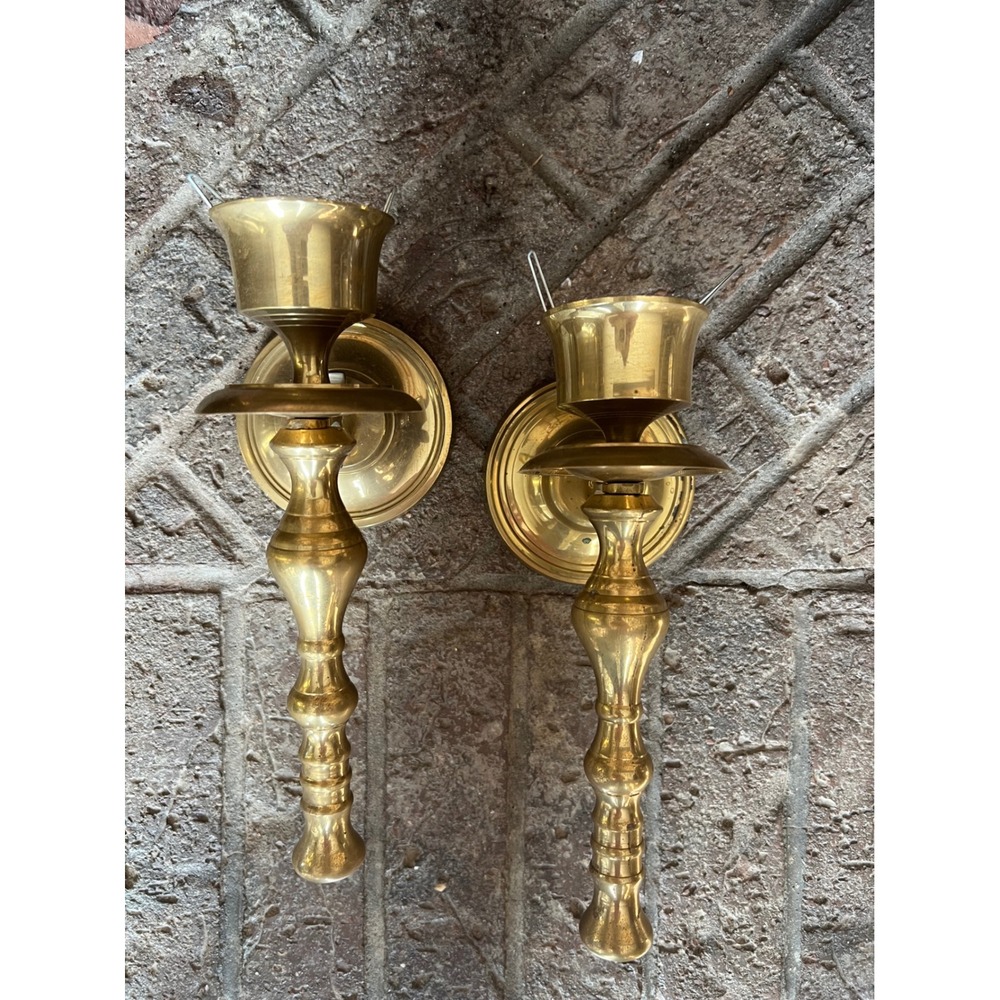 Vintage Solid Brass Wall Sconce Candle Holders Pair Spindle Design
